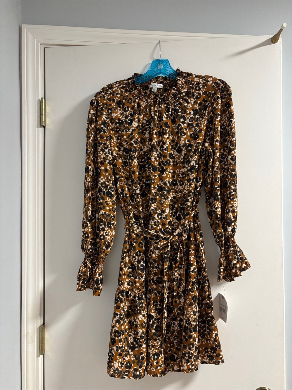Ophelia Roe Brown Floral Tie-Waist Long-Sleeve Dress NWT